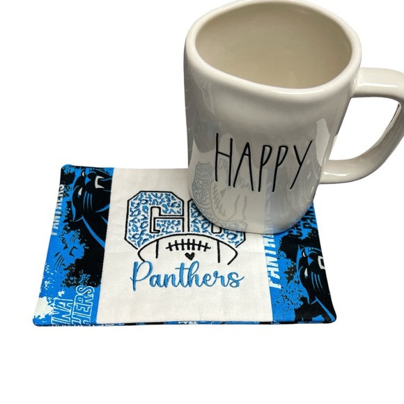 Hand Crafted Mug Rug Coaster Embroidered Cotton Fabric Carolina Panthers - Picture 8 of 9
